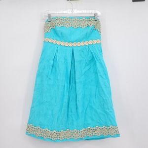 Lilly Pulitzer Turquoise and Gold Strapless Dress Size 6